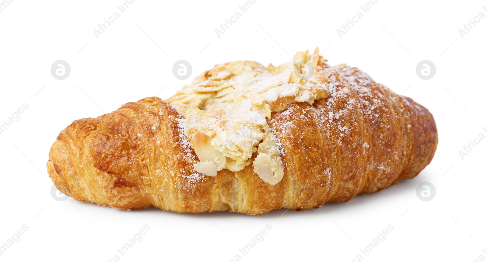 Photo of Delicious fresh croissant with almond flakes isolated on white