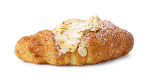 Photo of Delicious fresh croissant with almond flakes isolated on white