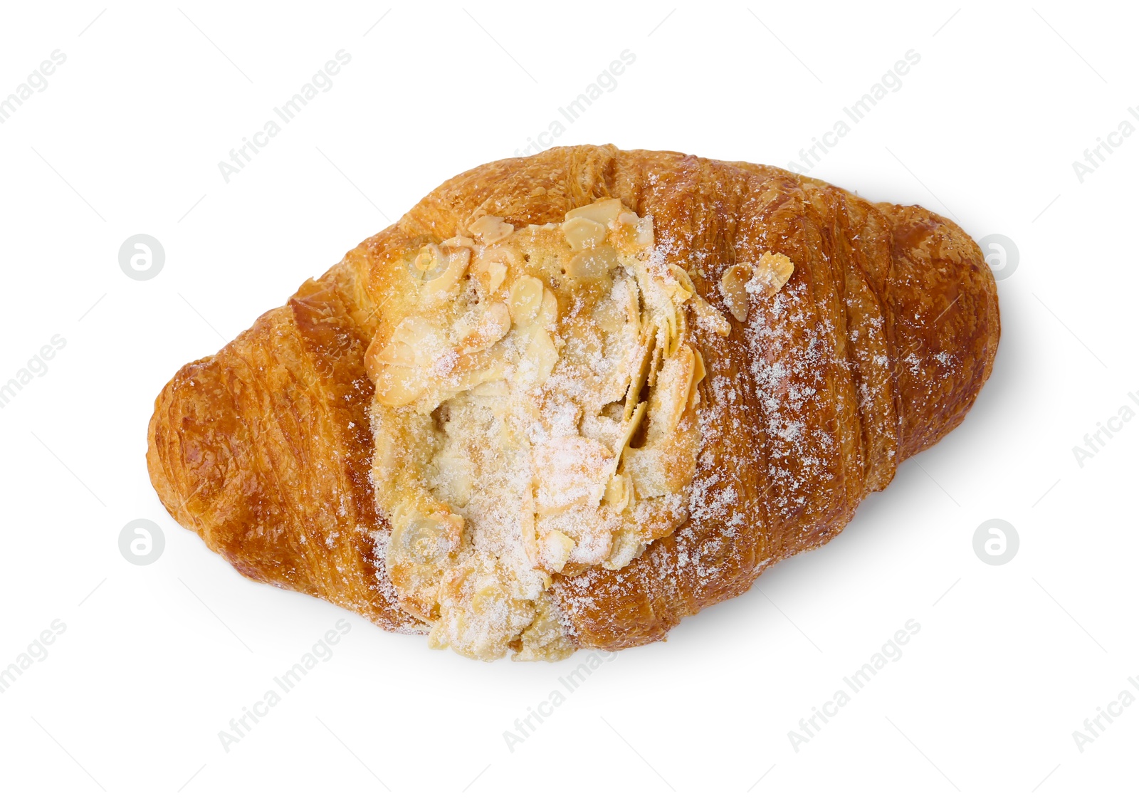 Photo of Delicious fresh croissant with almond flakes isolated on white, top view