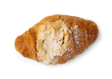 Photo of Delicious fresh croissant with almond flakes isolated on white, top view