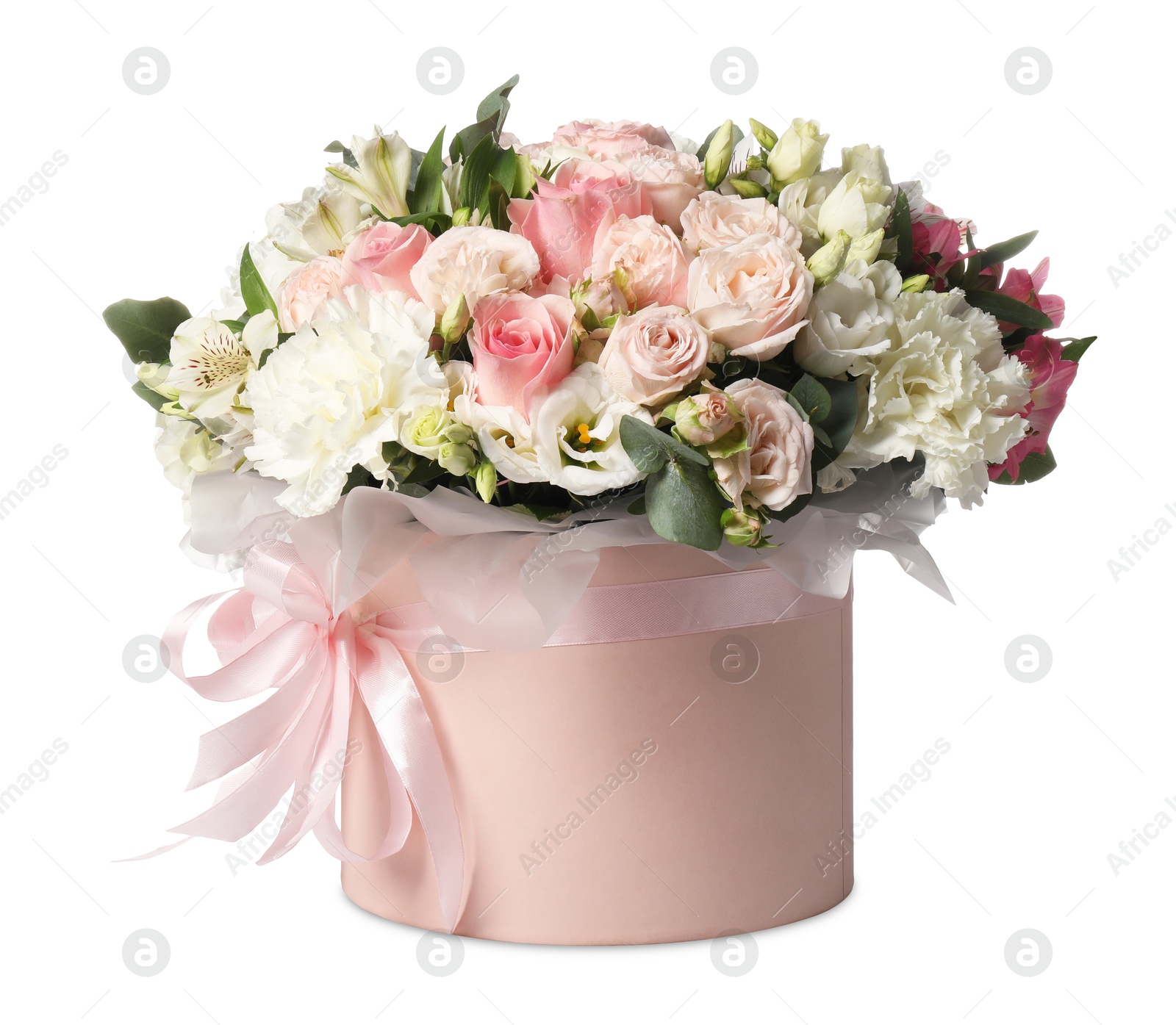 Photo of Bouquet of beautiful flowers in box isolated on white