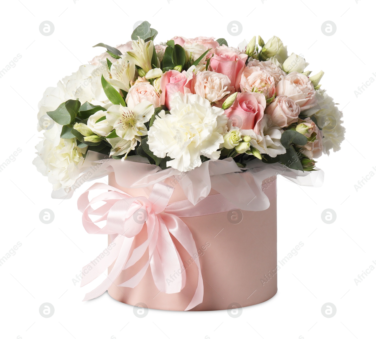 Photo of Bouquet of beautiful flowers in box isolated on white