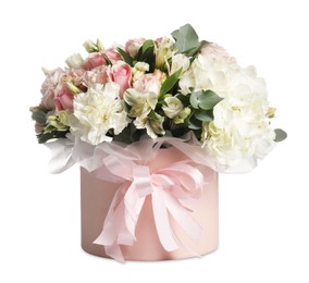 Photo of Bouquet of beautiful flowers in box isolated on white