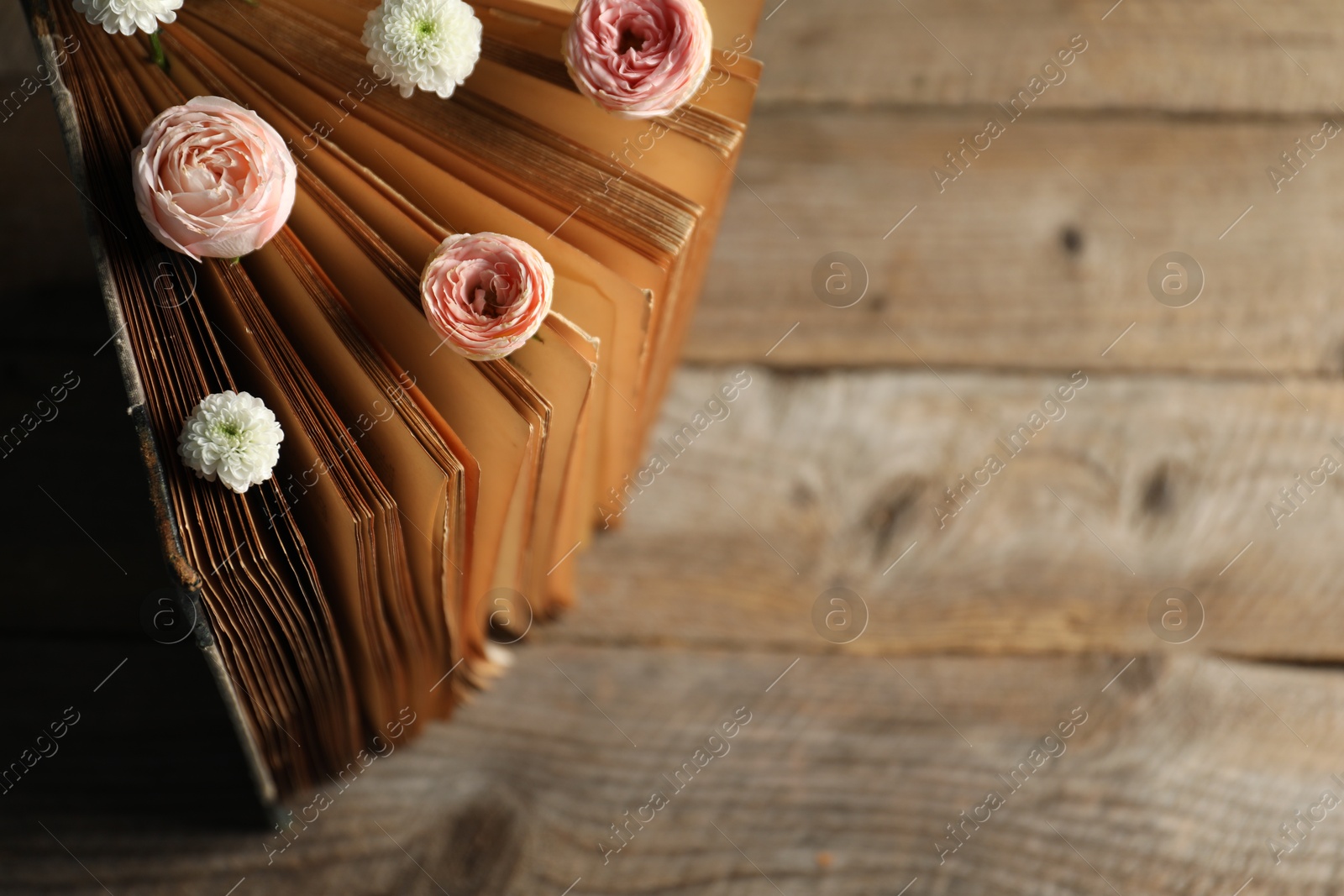 Photo of Book with beautiful flowers on wooden table, closeup. Space for text