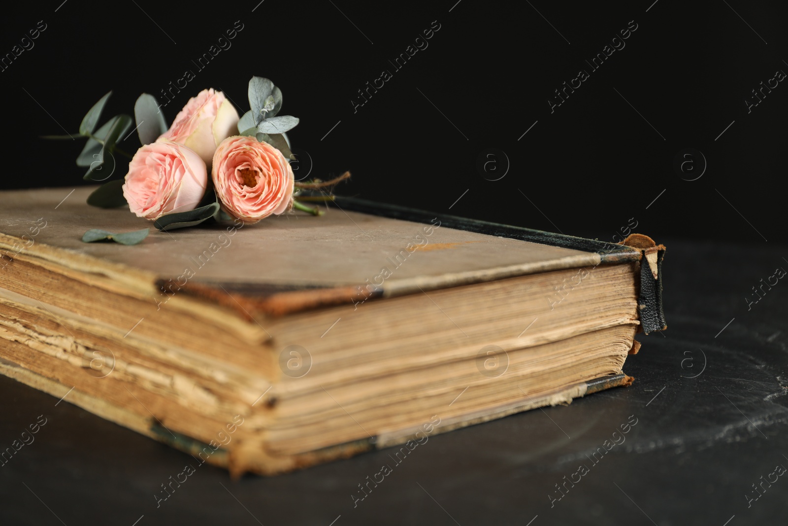 Photo of Old book, beautiful flowers and eucalyptus branches on dark textured table, closeup