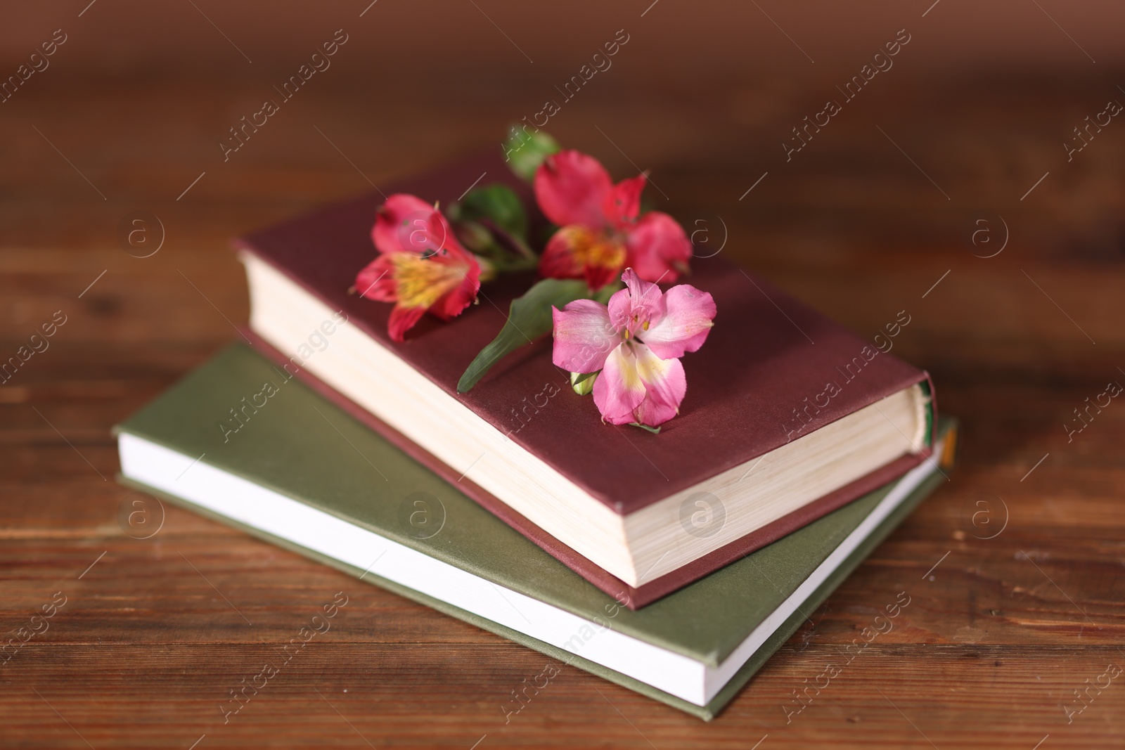 Photo of Books and beautiful flowers on wooden table, closeup