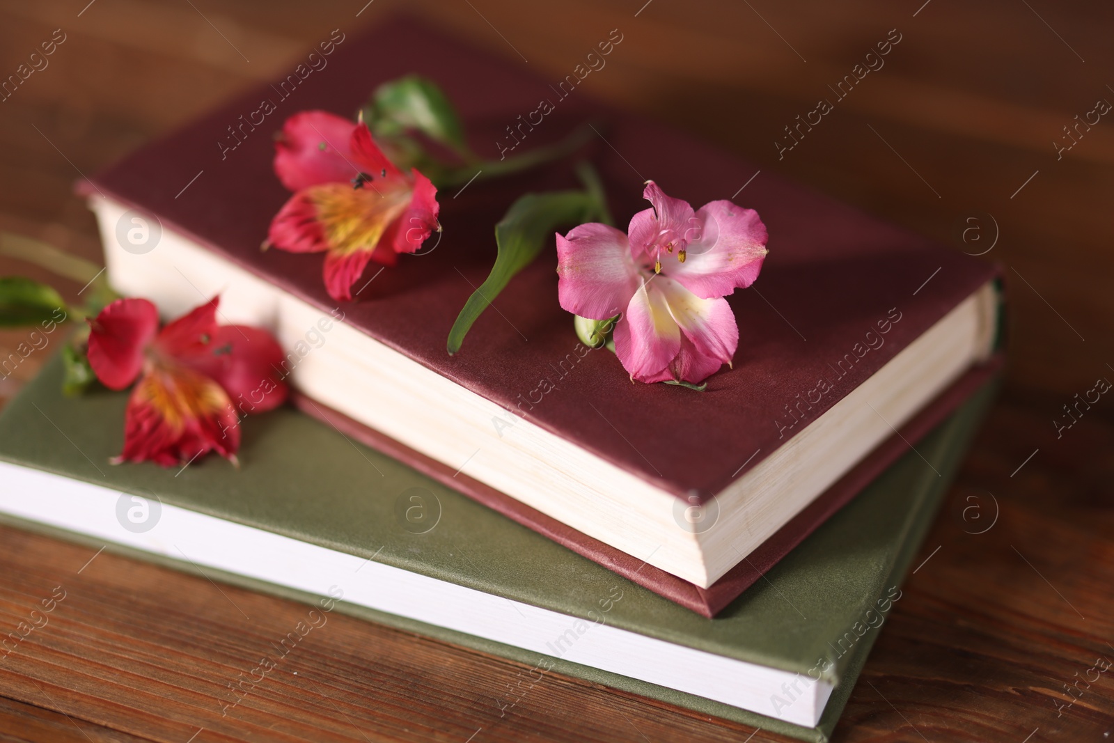 Photo of Books and beautiful flowers on wooden table, closeup