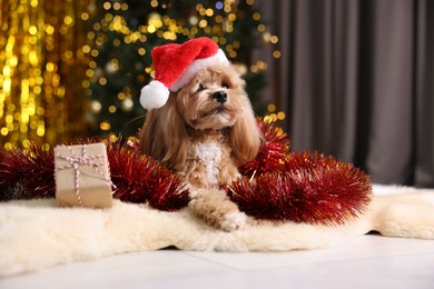 Photo of Cute dog in Santa hat with shiny tinsel and gift box on floor against blurred lights