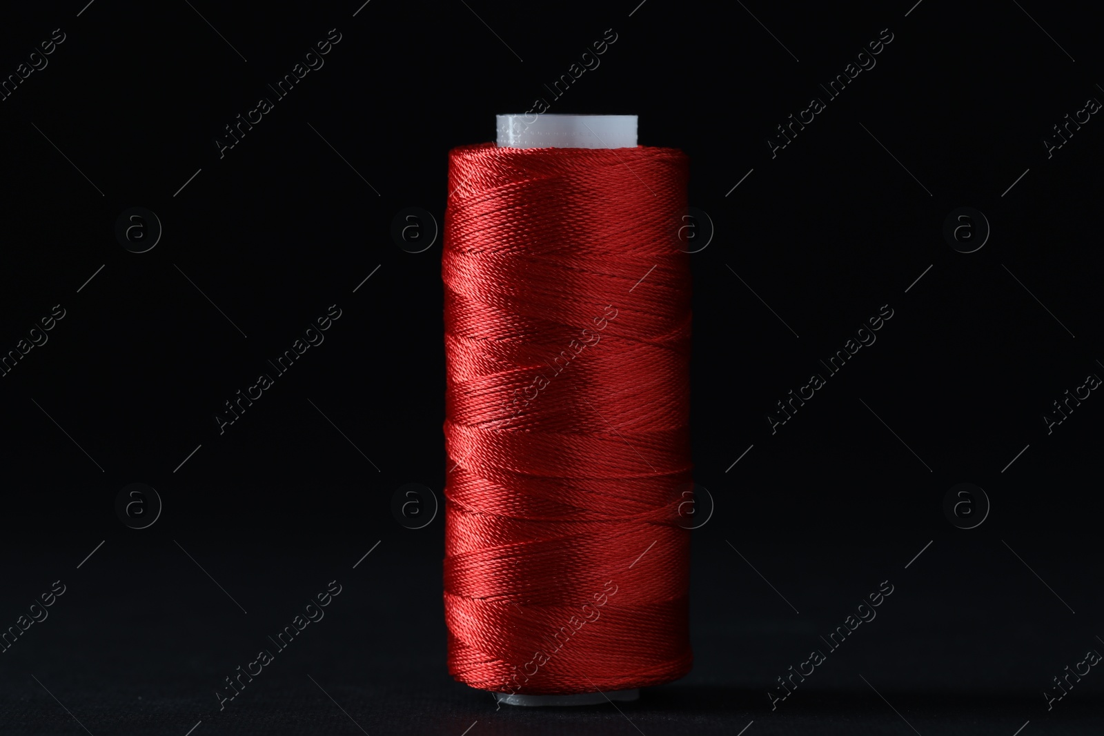 Photo of Spool of red sewing thread on black background