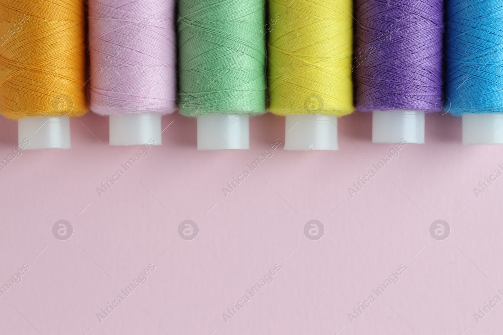 Photo of Spools of colorful sewing threads on pink background, flat lay. Space for text