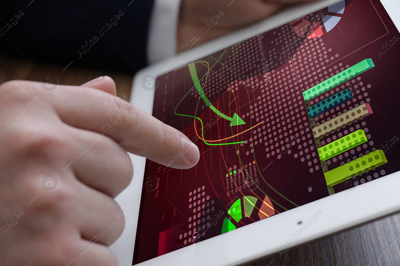 Image of Stock exchange. Man analysing financial market on tablet, closeup. Charts and information on device screen. Planning trading and investing