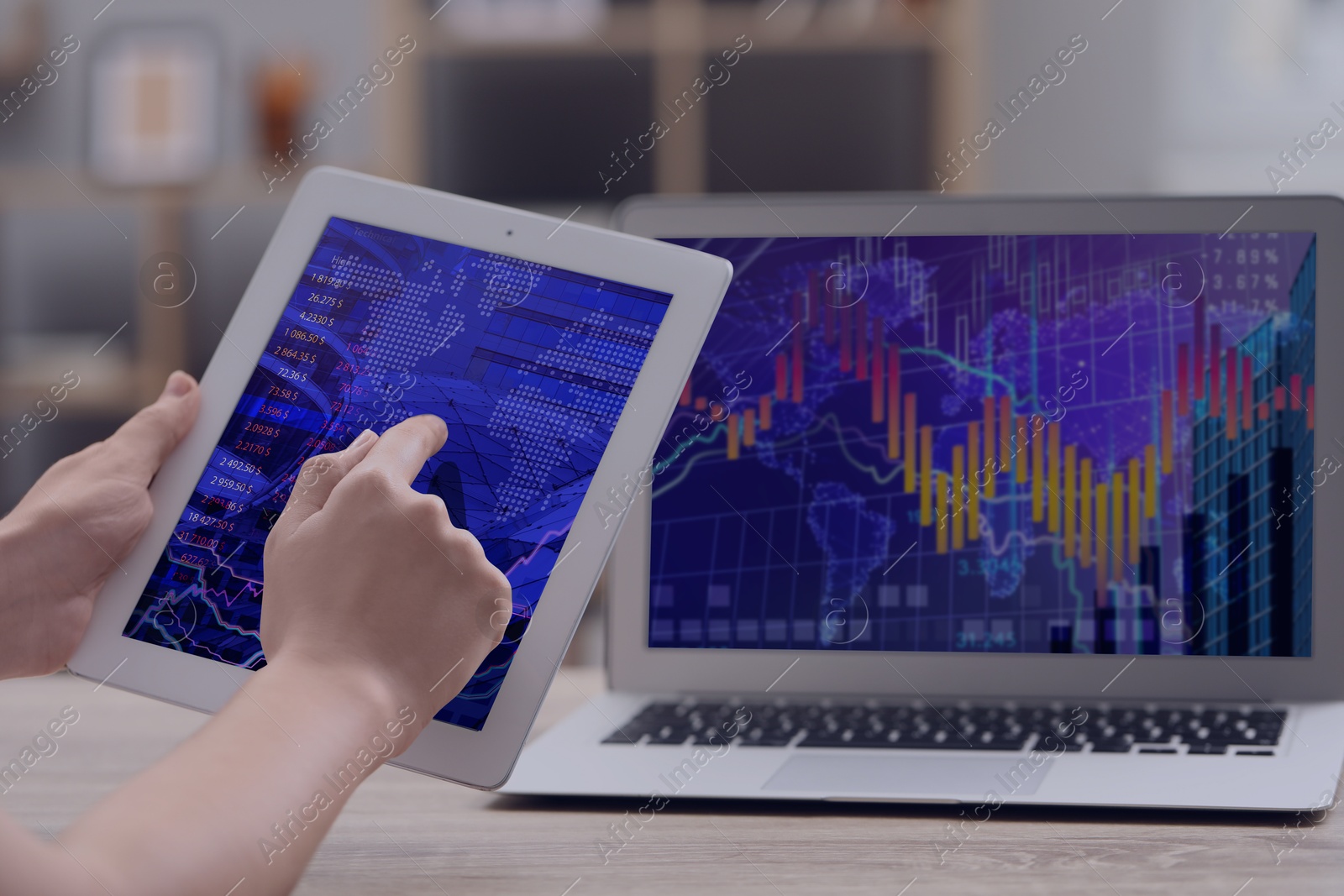 Image of Stock exchange. Woman analysing financial market on tablet and laptop, closeup. Charts and information. Planning trading and investing