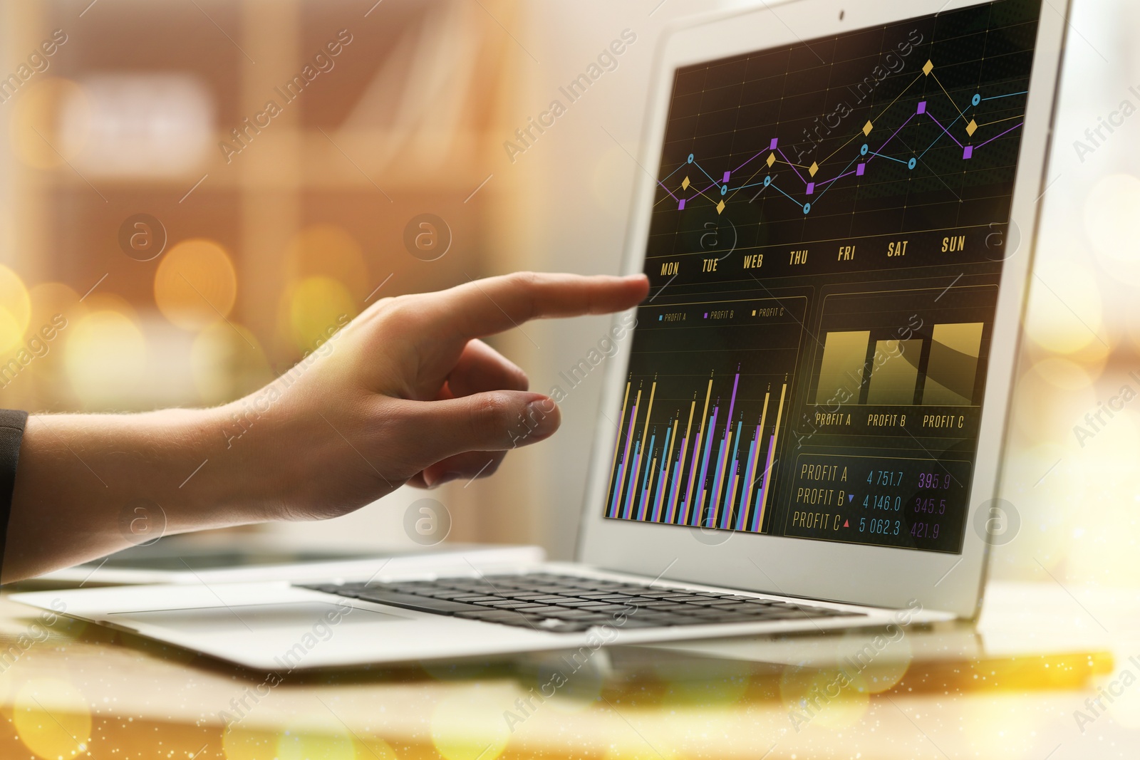 Image of Stock exchange. Woman analysing financial market on laptop, closeup. Charts and information on device screen. Planning trading and investing