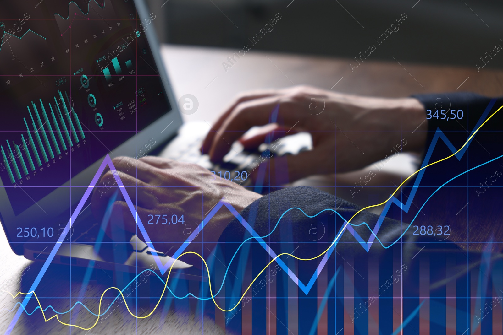 Image of Stock exchange. Man analysing financial market on laptop, closeup. Charts and information. Planning trading and investing