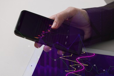 Image of Stock exchange. Man analysing financial market on smartphone and tablet, closeup. Charts and information. Planning trading and investing