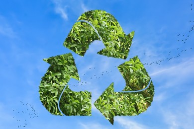 Image of Save Earth. Recycling symbol with green plants inside against blue sky