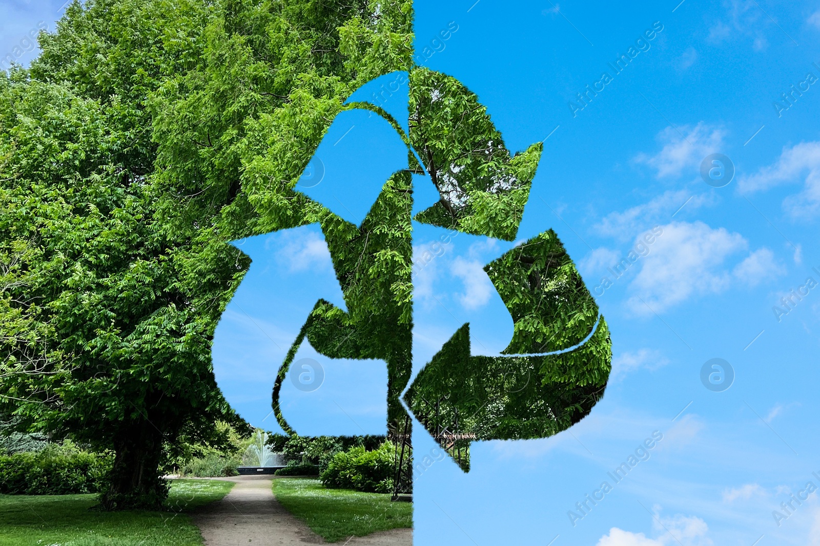 Image of Save Earth. Recycling symbol against divided background with blue sky and green park