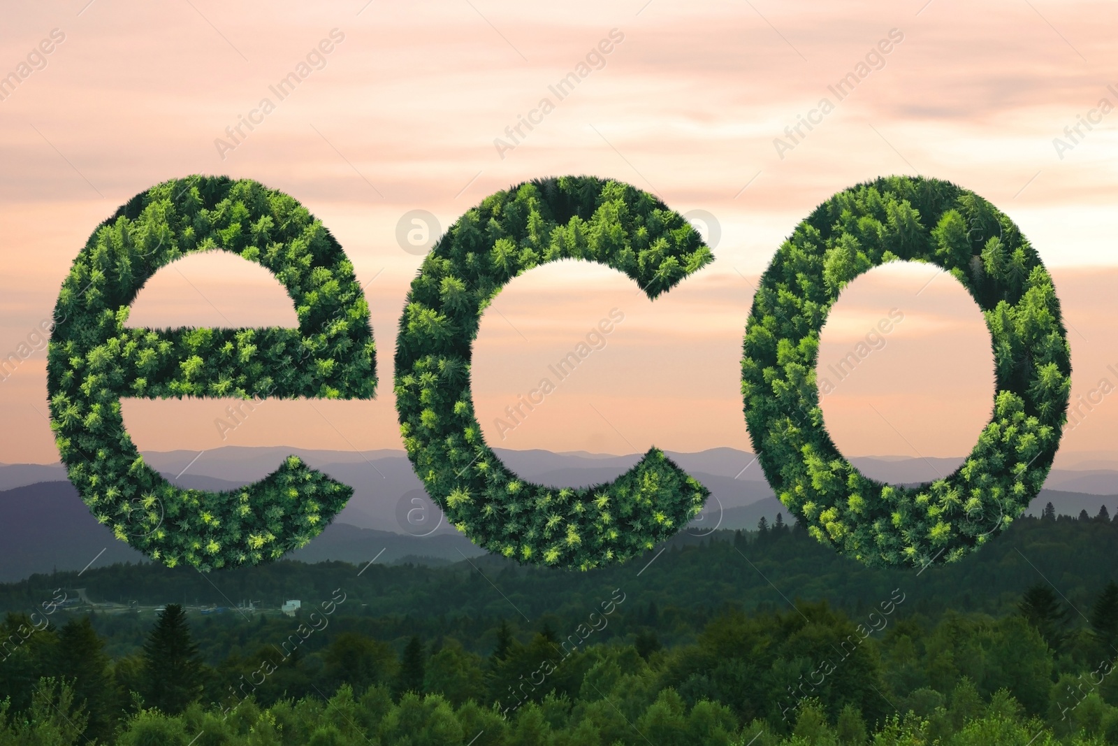 Image of Save Earth. Word Eco with green plants inside against sunset sky