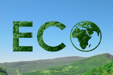 Image of Save Earth. Word Eco with globe instead of letter O against mountain landscape