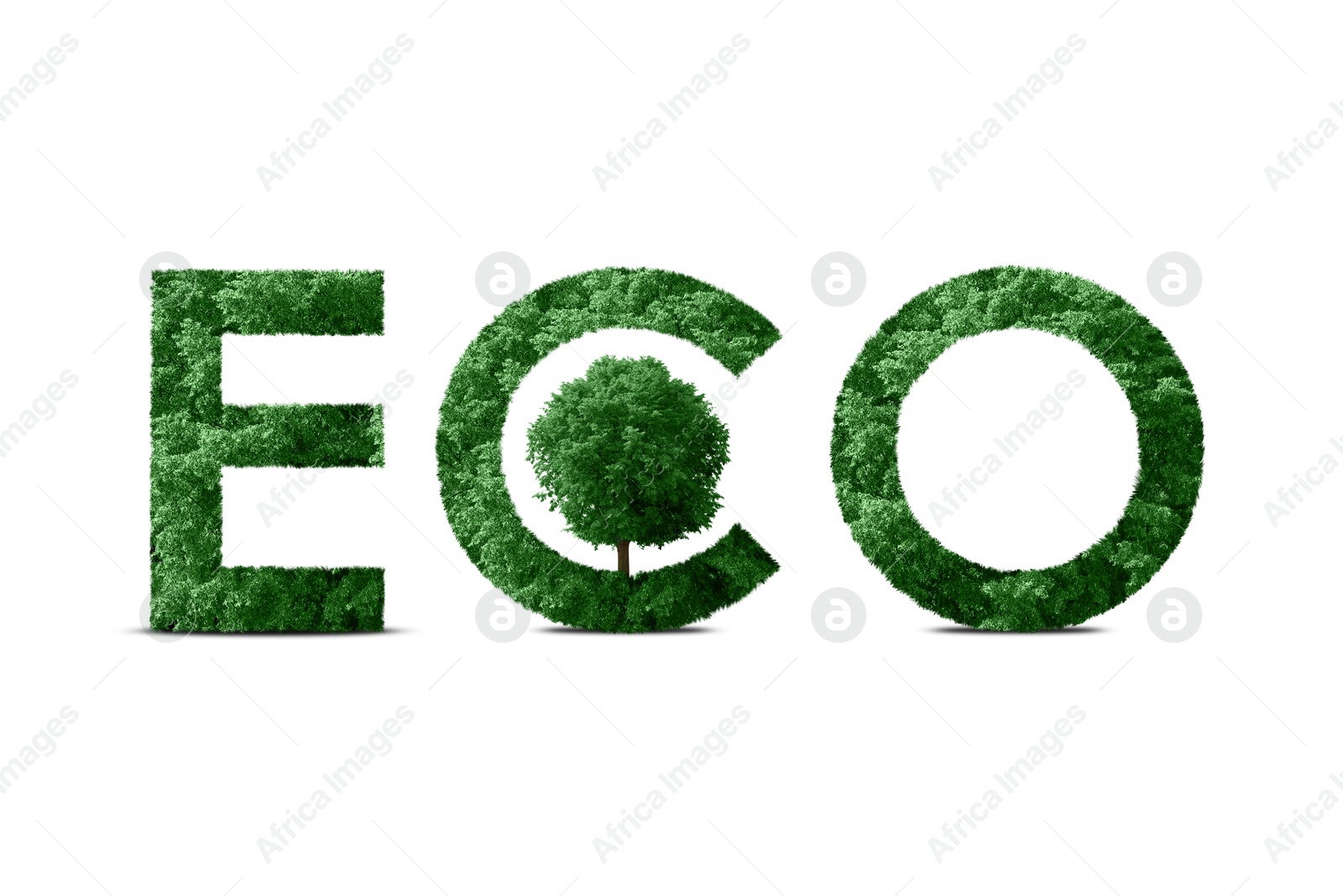 Image of Save Earth. Word Eco with green tree on white background