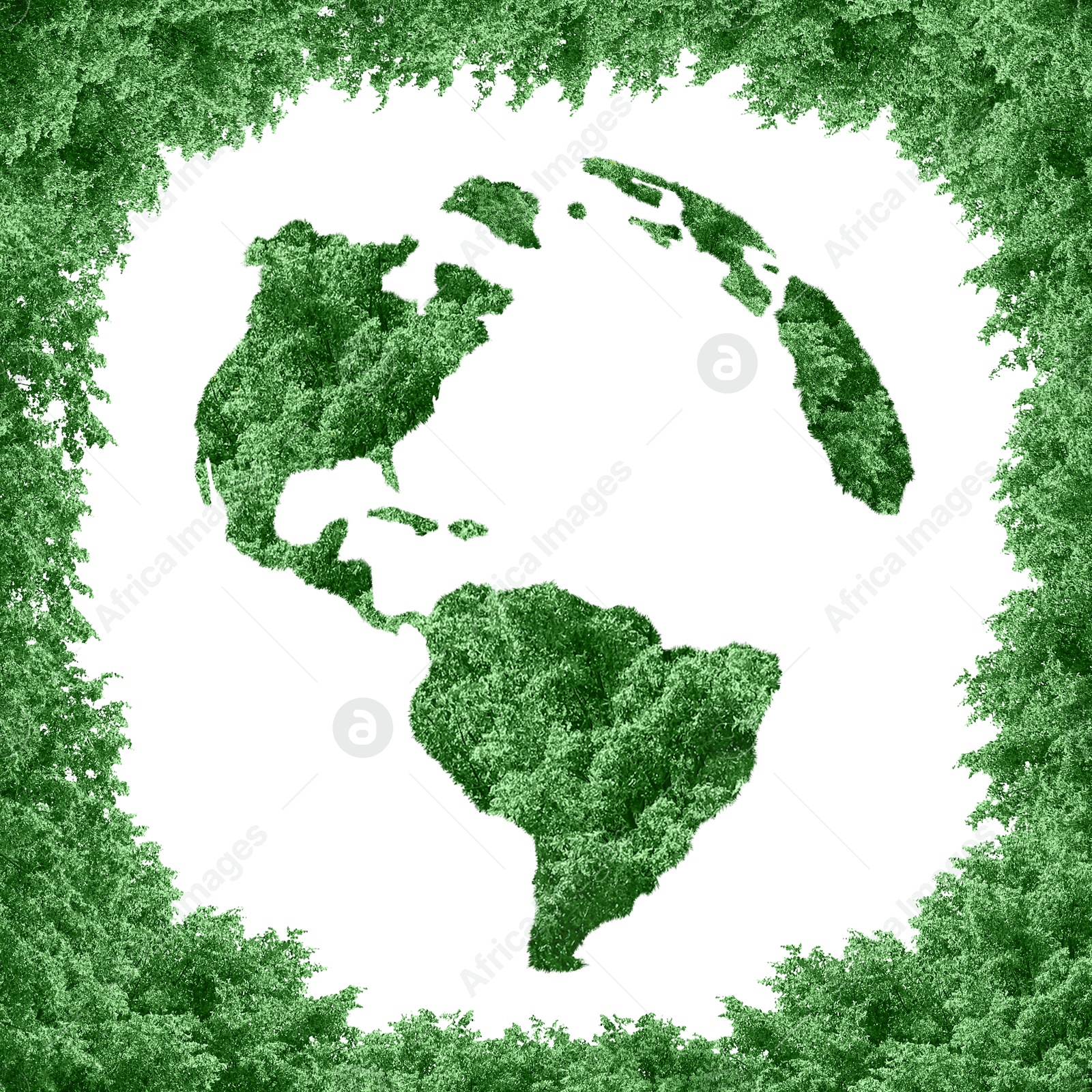 Image of Save Earth. Globe with green plants shaping continents on white background