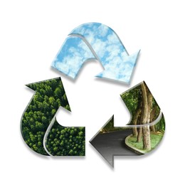 Image of Save Earth. Recycling symbol with green plants and blue sky on white background