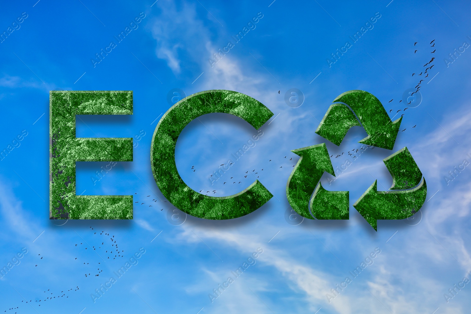 Image of Save Earth. Word Eco recycling symbol instead of letter O against blue sky