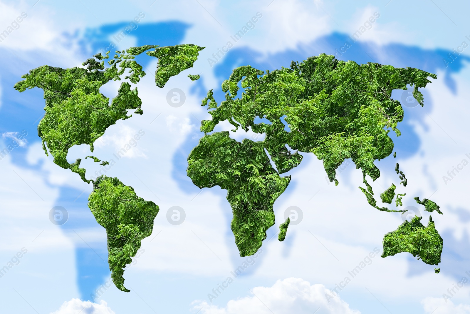 Image of Save Earth. Continents outlines with green plants inside against sky