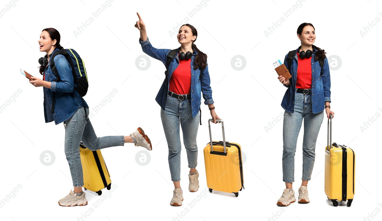 Image of Happy tourist with suitcase on white background, collage