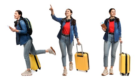 Image of Happy tourist with suitcase on white background, collage