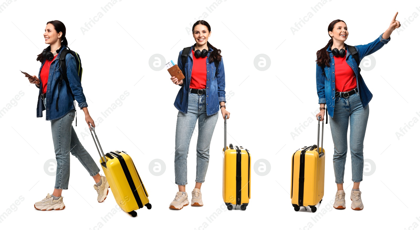 Image of Happy tourist with suitcase on white background, collage