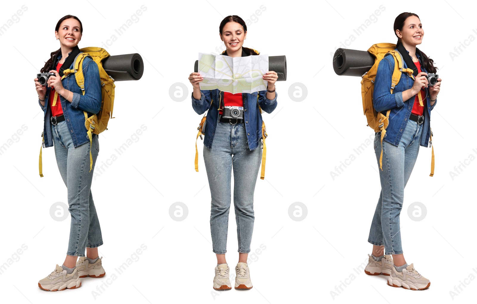 Image of Happy tourist with backpack on white background, collage