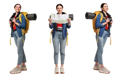 Image of Happy tourist with backpack on white background, collage