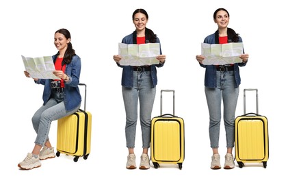 Image of Happy tourist with suitcase and map on white background, collage