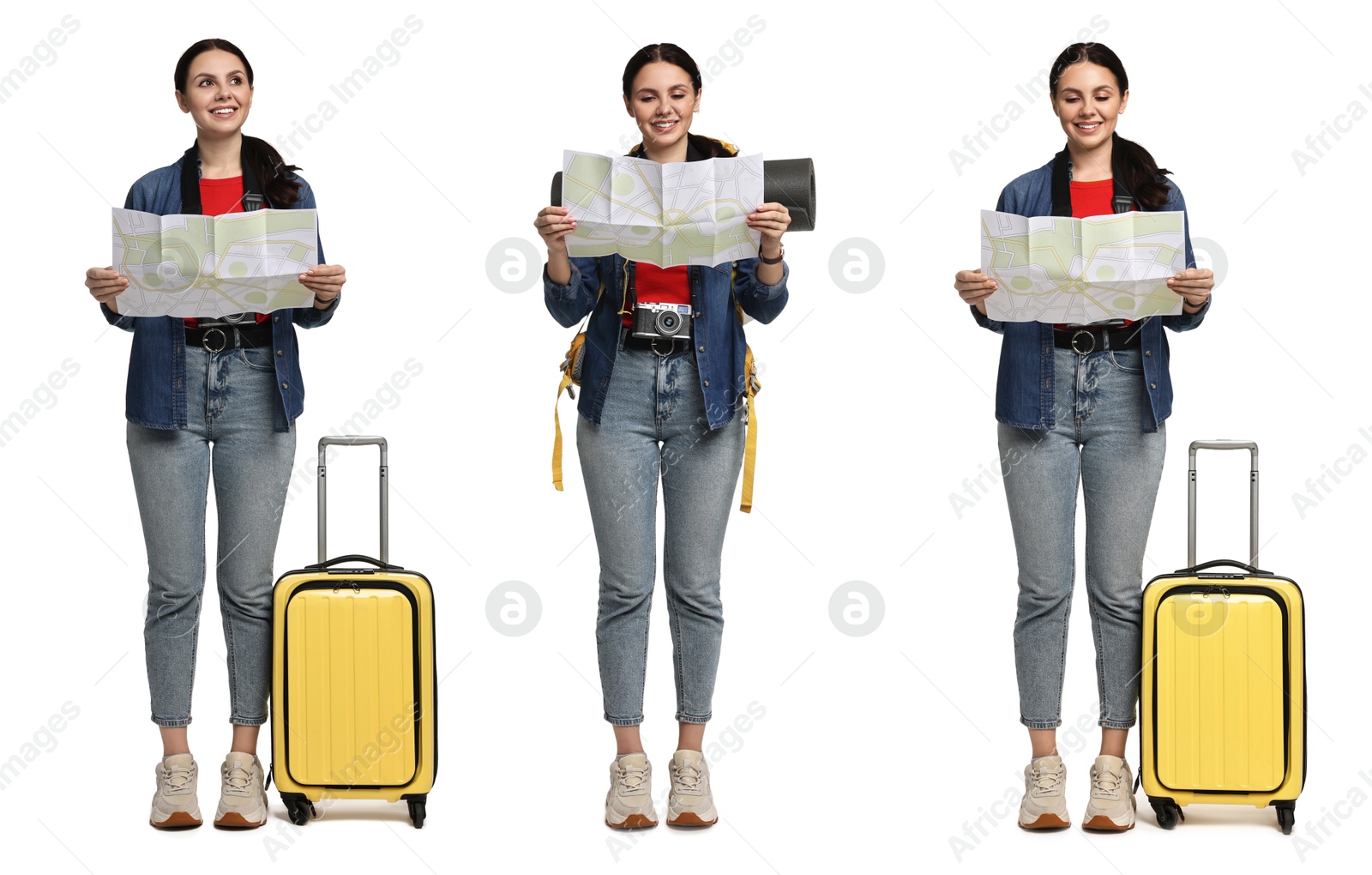 Image of Happy tourist with suitcase and map on white background, collage