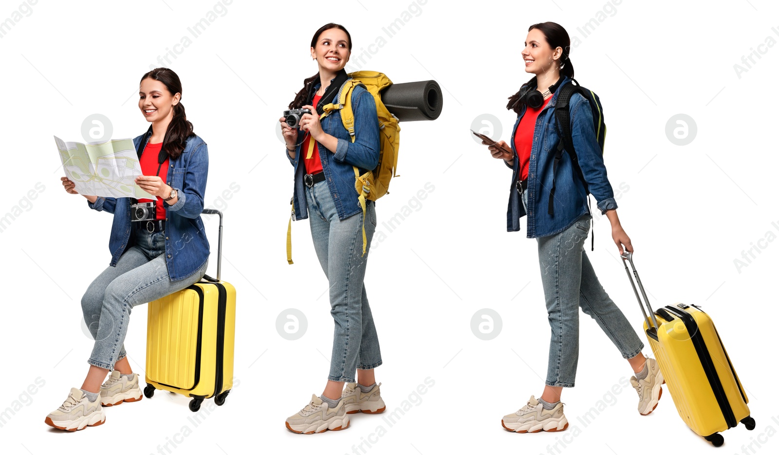 Image of Happy tourist with suitcase and backpack on white background, collage