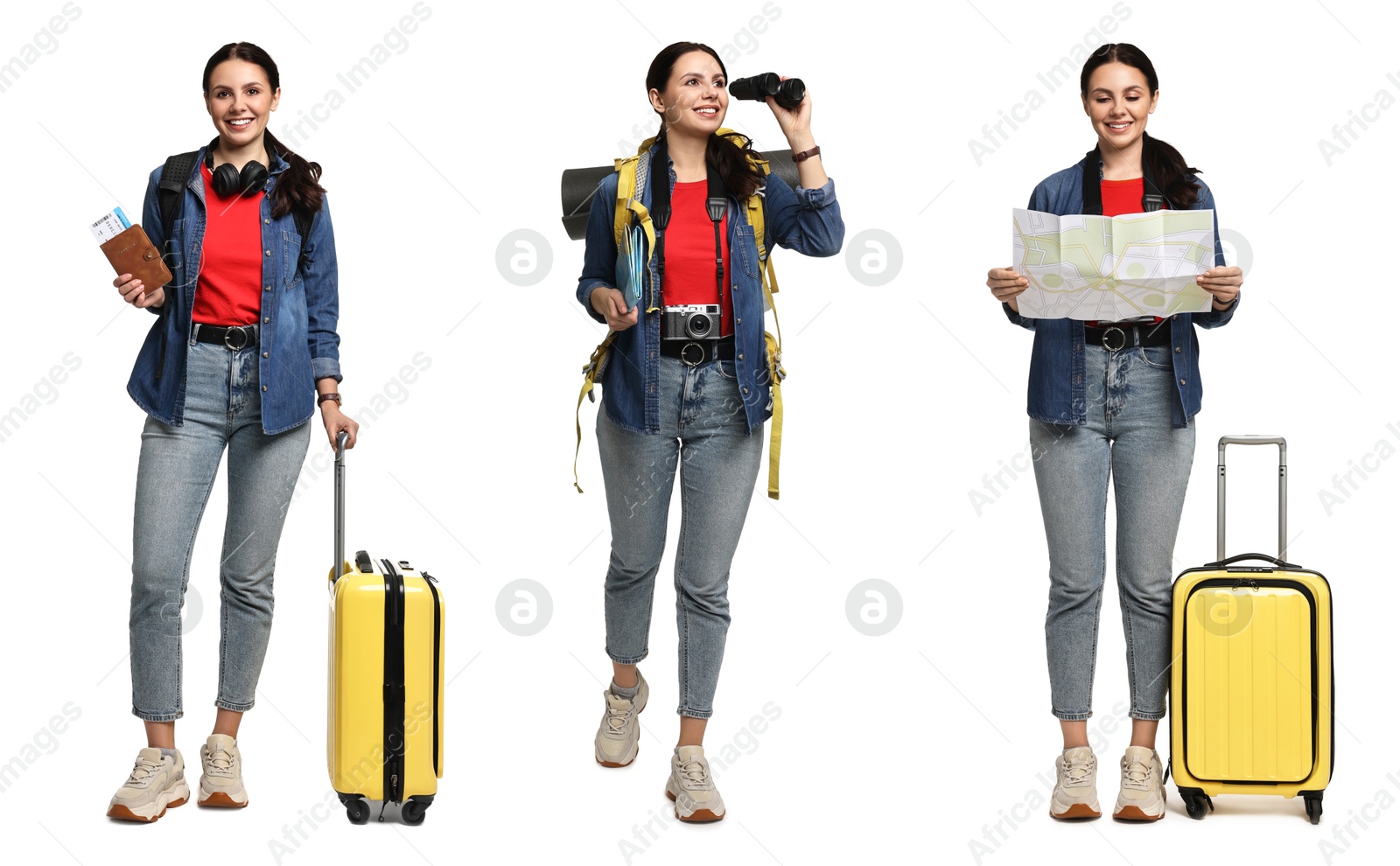 Image of Happy tourist with suitcase and backpack on white background, collage