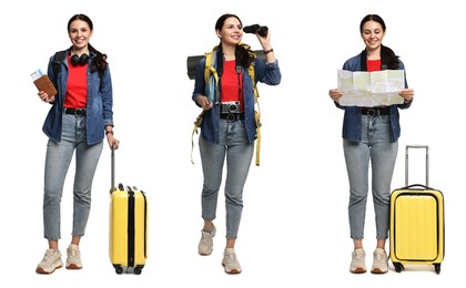 Image of Happy tourist with suitcase and backpack on white background, collage