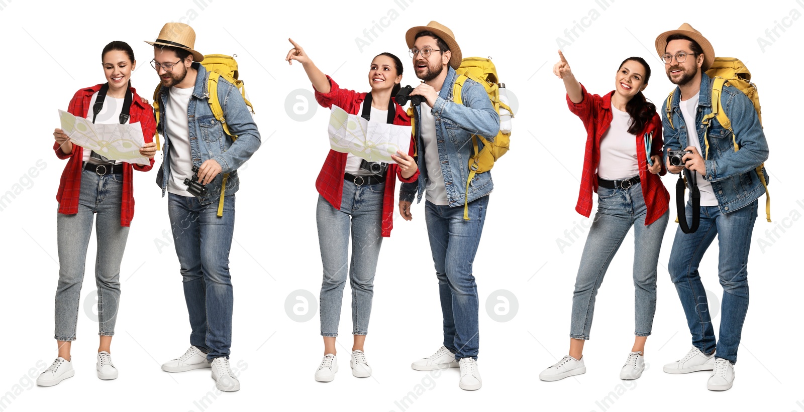 Image of Happy tourists with travel items on white background, collage