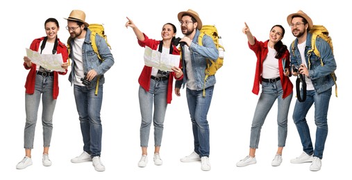 Image of Happy tourists with travel items on white background, collage