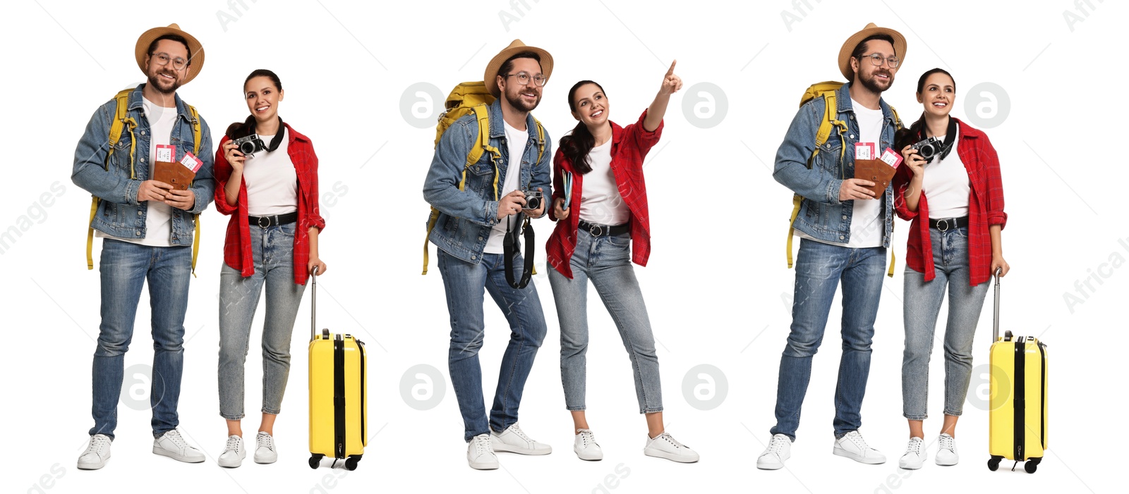 Image of Happy tourists with travel items on white background, collage