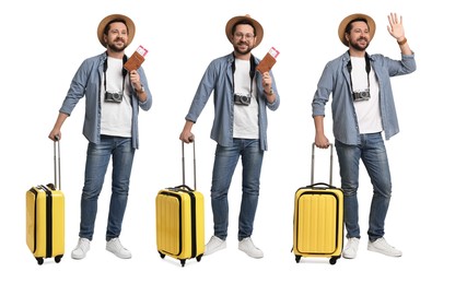 Image of Happy tourist with suitcase on white background, collage