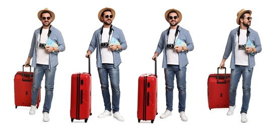 Image of Happy tourist with suitcase on white background, collage