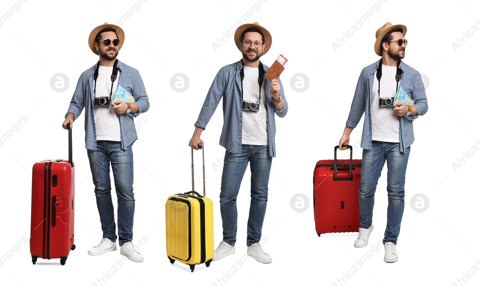 Image of Happy tourist with suitcases on white background, collage