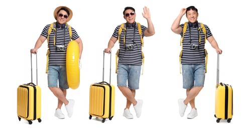 Image of Happy tourist with suitcase on white background, collage