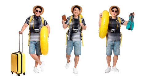 Image of Happy tourist with travel items on white background, collage