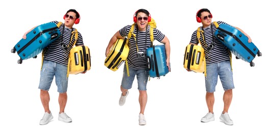 Image of Happy tourist with suitcases on white background, collage