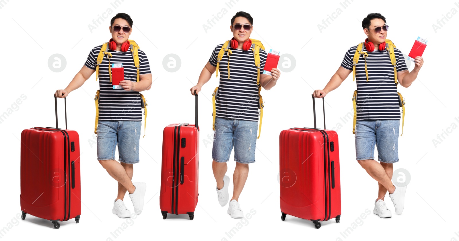 Image of Happy tourist with suitcase on white background, collage