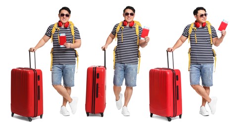 Image of Happy tourist with suitcase on white background, collage