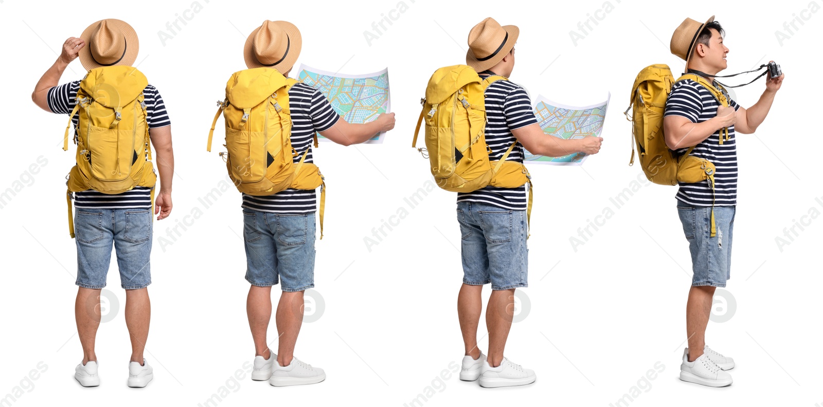 Image of Happy tourist with backpack on white background, collage